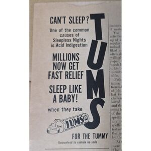 Vintage 1954 Tums Print Ad Can't Sleep Acid Indigestion Relief 1950s Ephemera